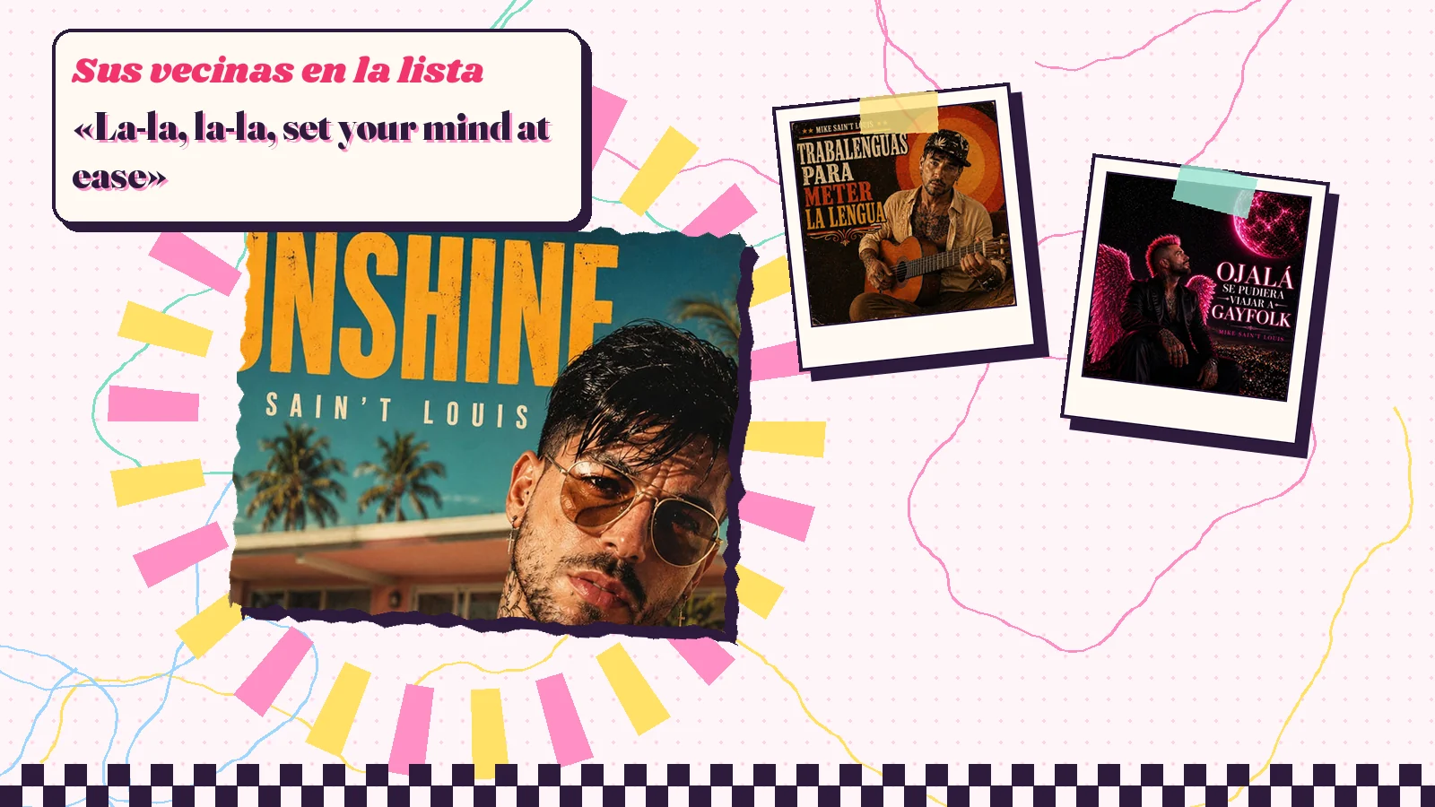 Collage con un detalle de la carátula de «Sunshine» y las carátulas de «Trabalenguas para meter la lengua», «Ojalá se pudiera viajar a Gayfolk»