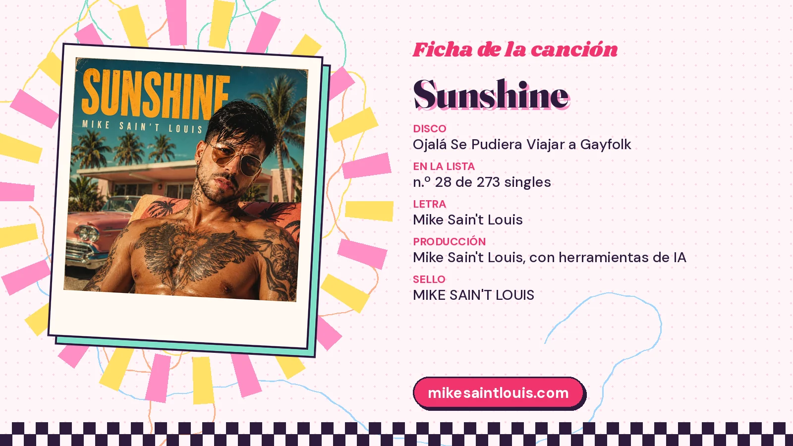Ficha de la canción «Sunshine» con su carátula: disco «Ojalá Se Pudiera Viajar a Gayfolk», letra y producción de Mike Sain't Louis
