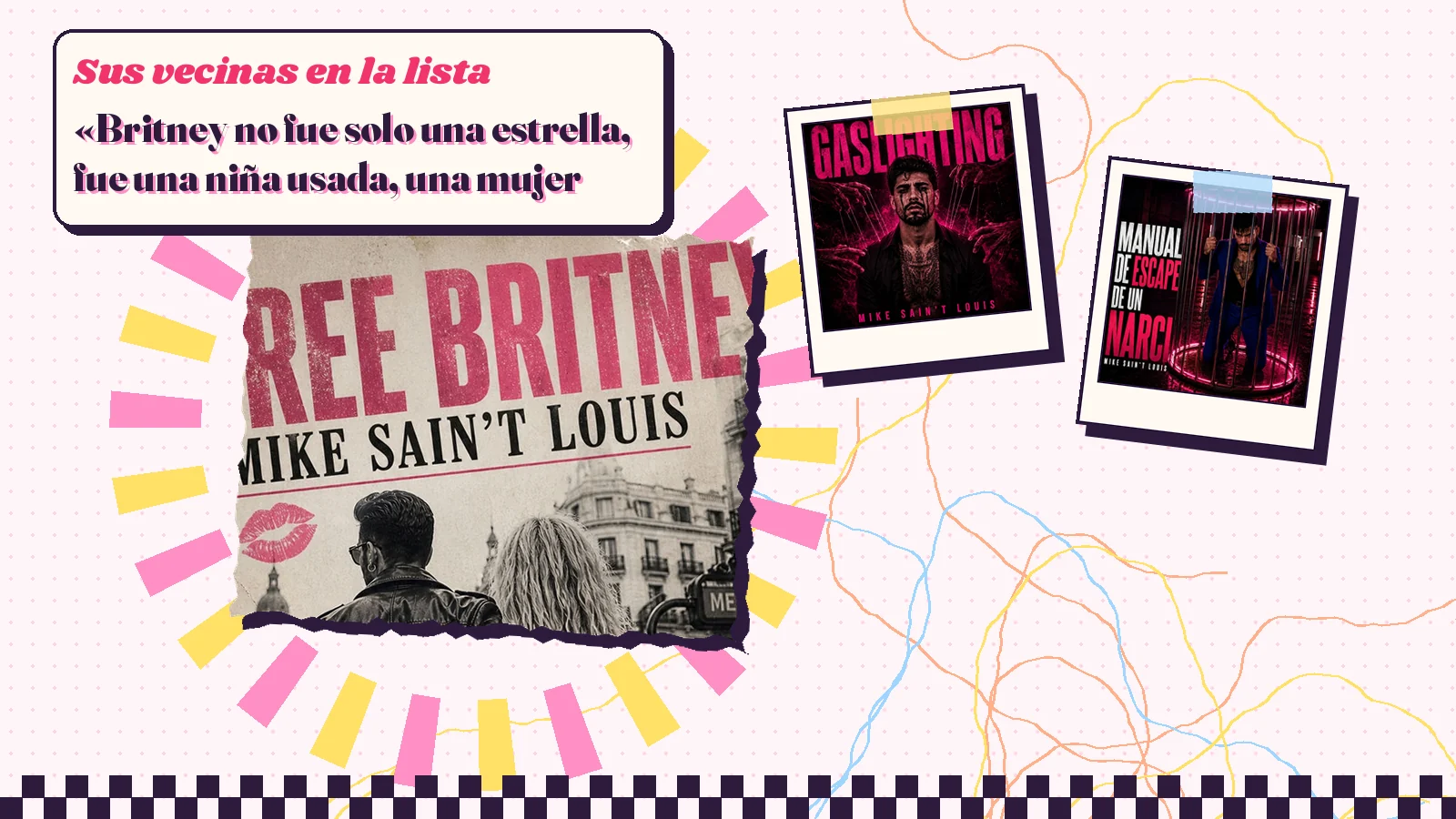 Collage con un detalle de la carátula de «Free Britney» y las carátulas de «Gaslighting», «Manual de escape de un narci»