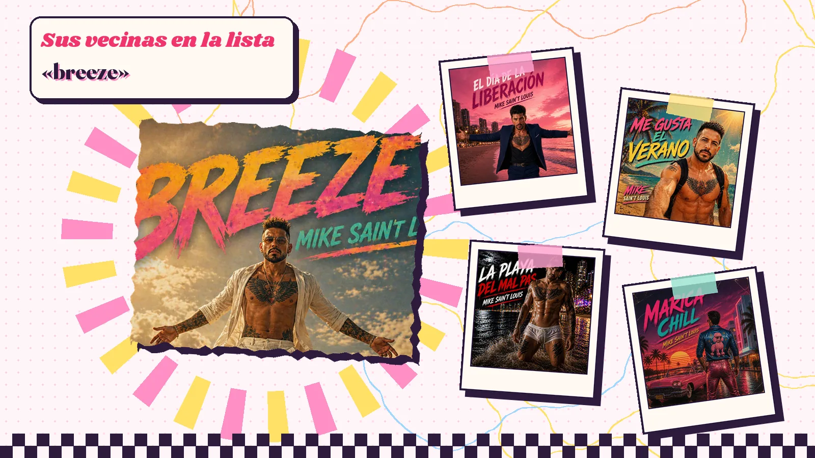 Collage con un detalle de la carátula de «breeze» y las carátulas de «El día de la liberación», «Me gusta el verano», «La playa del Mal Pas», «Marica chill»