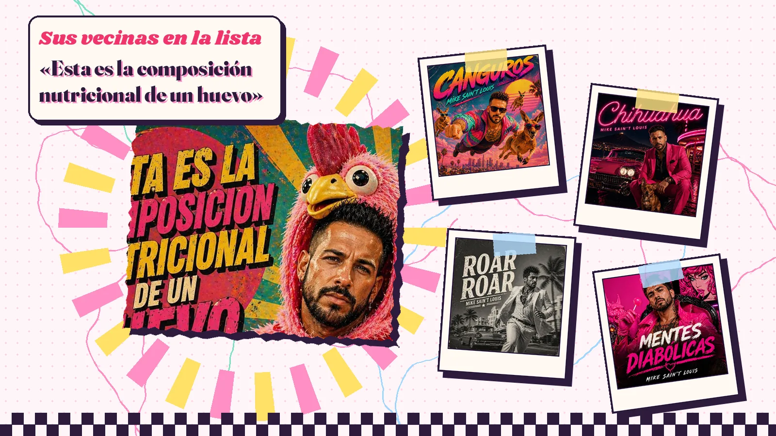 Collage with a detail of the «Esta es la composición nutricional de un huevo» cover art and the covers of «Canguros», «Chihuahua», «Roar Roar» and «Mentes diabólicas»