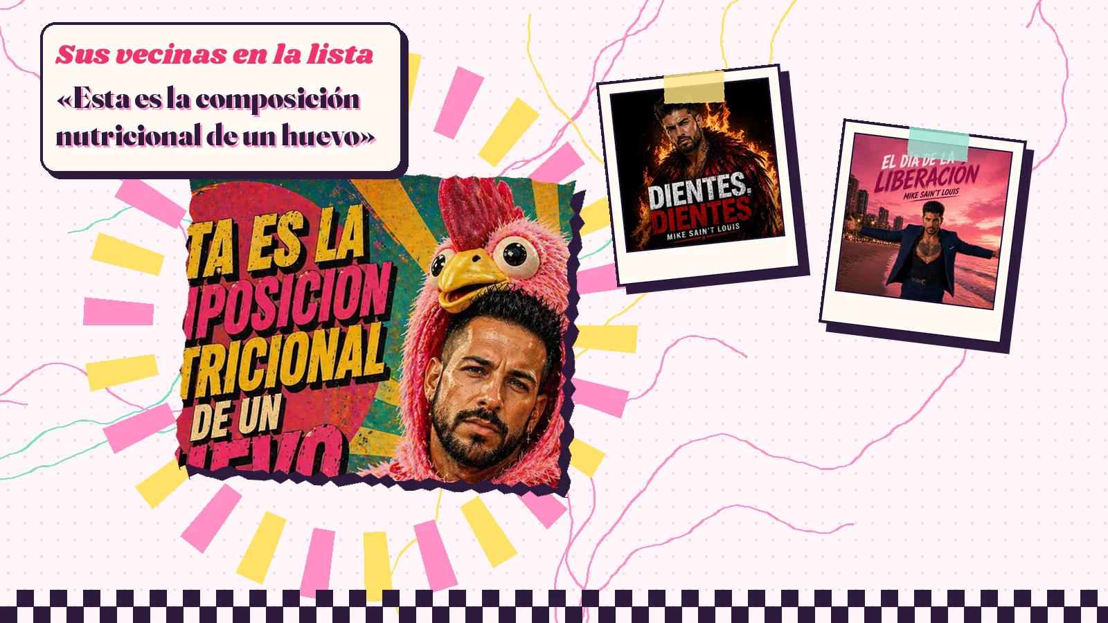 Collage with a detail of the «Esta es la composición nutricional de un huevo» cover art and the covers of «Dientes, dientes» and «El día de la liberación»