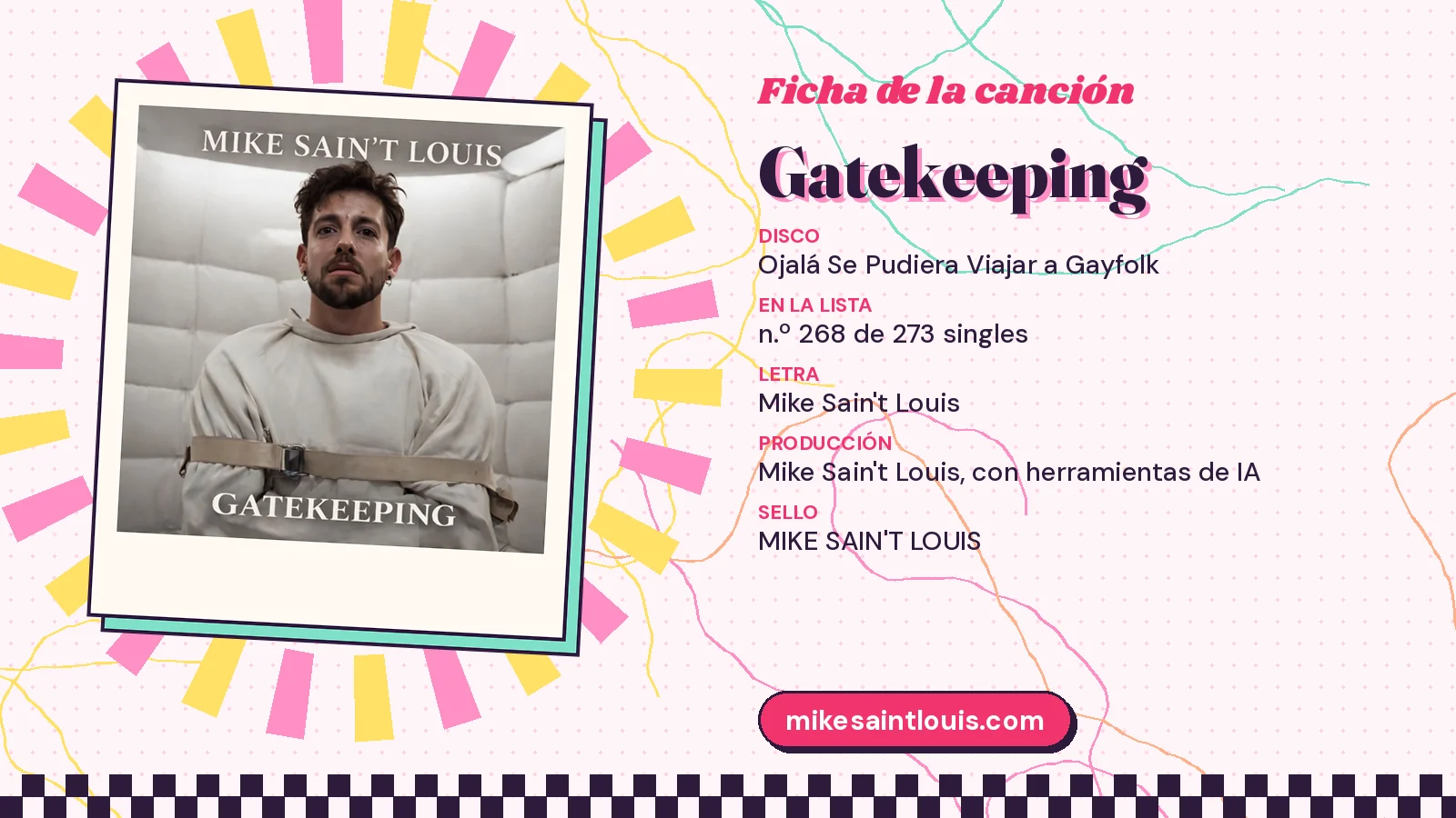 Ficha de la canción «Gatekeeping» con su carátula: disco «Ojalá Se Pudiera Viajar a Gayfolk», letra y producción de Mike Sain't Louis
