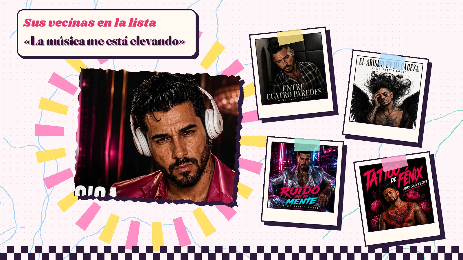 Collage con un detalle de la carátula de «La música me está salvando» y las carátulas de «Entre cuatro paredes», «El abismo en mi cabeza», «Ruido en mi mente», «Tattoo de fénix»