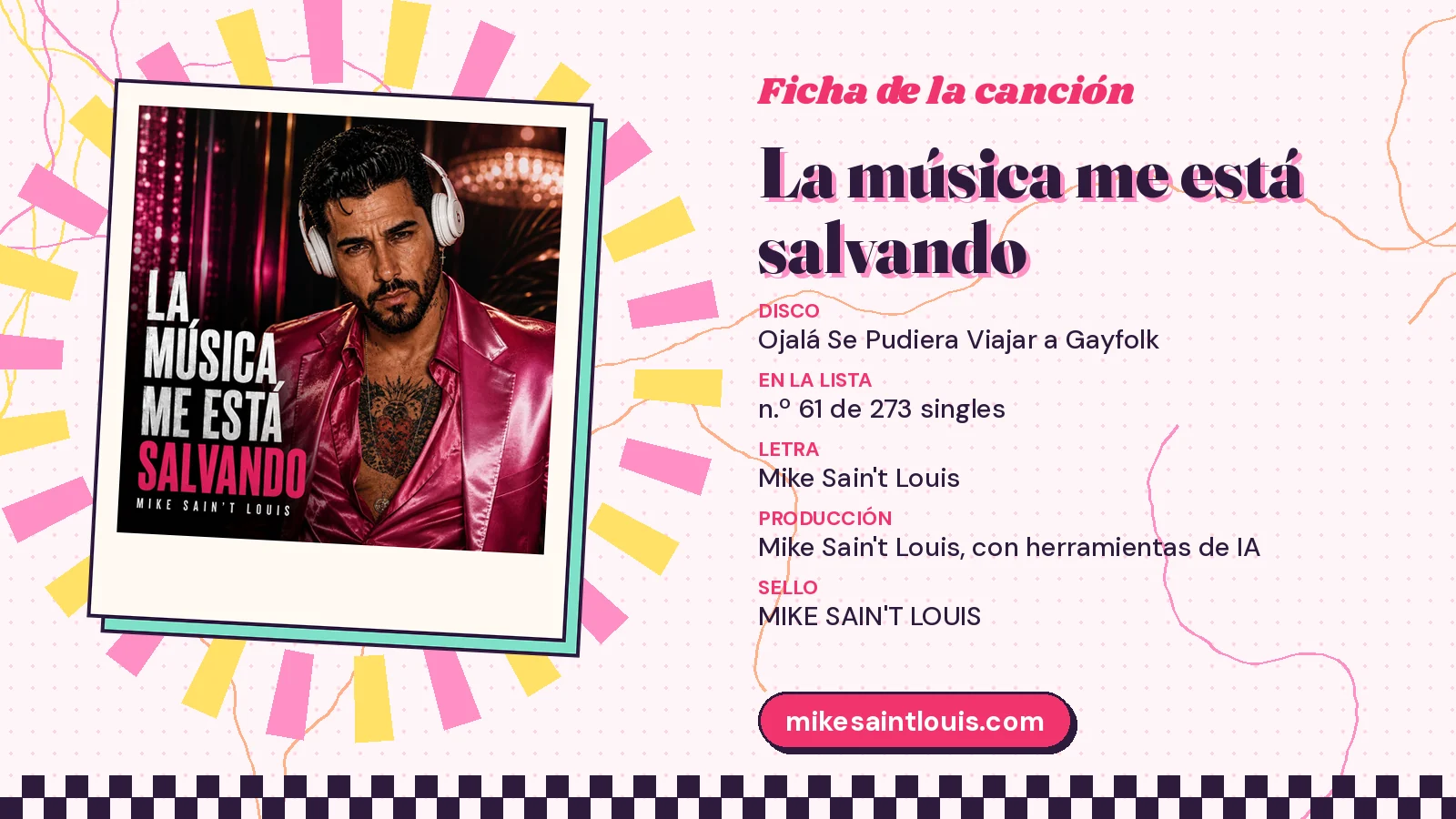 Ficha de la canción «La música me está salvando» con su carátula: disco «Ojalá Se Pudiera Viajar a Gayfolk», letra y producción de Mike Sain't Louis