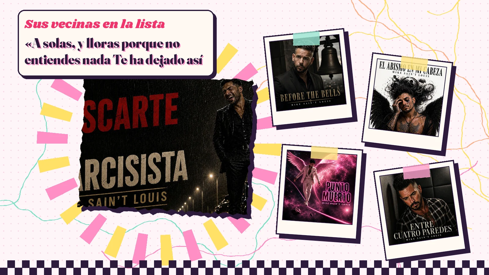 Collage con un detalle de la carátula de «El descarte del narcisista» y las carátulas de «Before the Bells», «El abismo en mi cabeza», «Punto muerto», «Entre cuatro paredes»