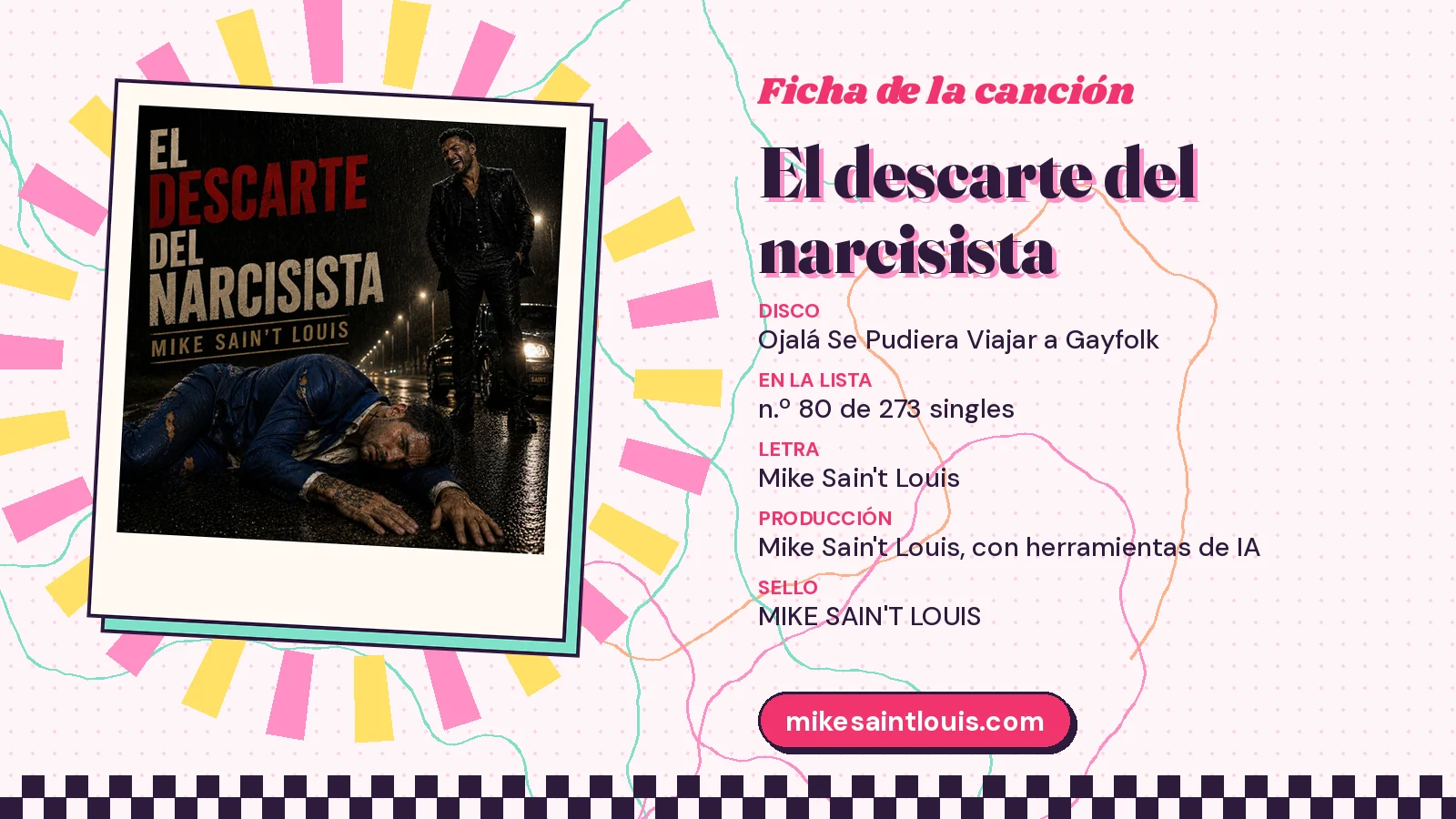 Ficha de la canción «El descarte del narcisista» con su carátula: disco «Ojalá Se Pudiera Viajar a Gayfolk», letra y producción de Mike Sain't Louis