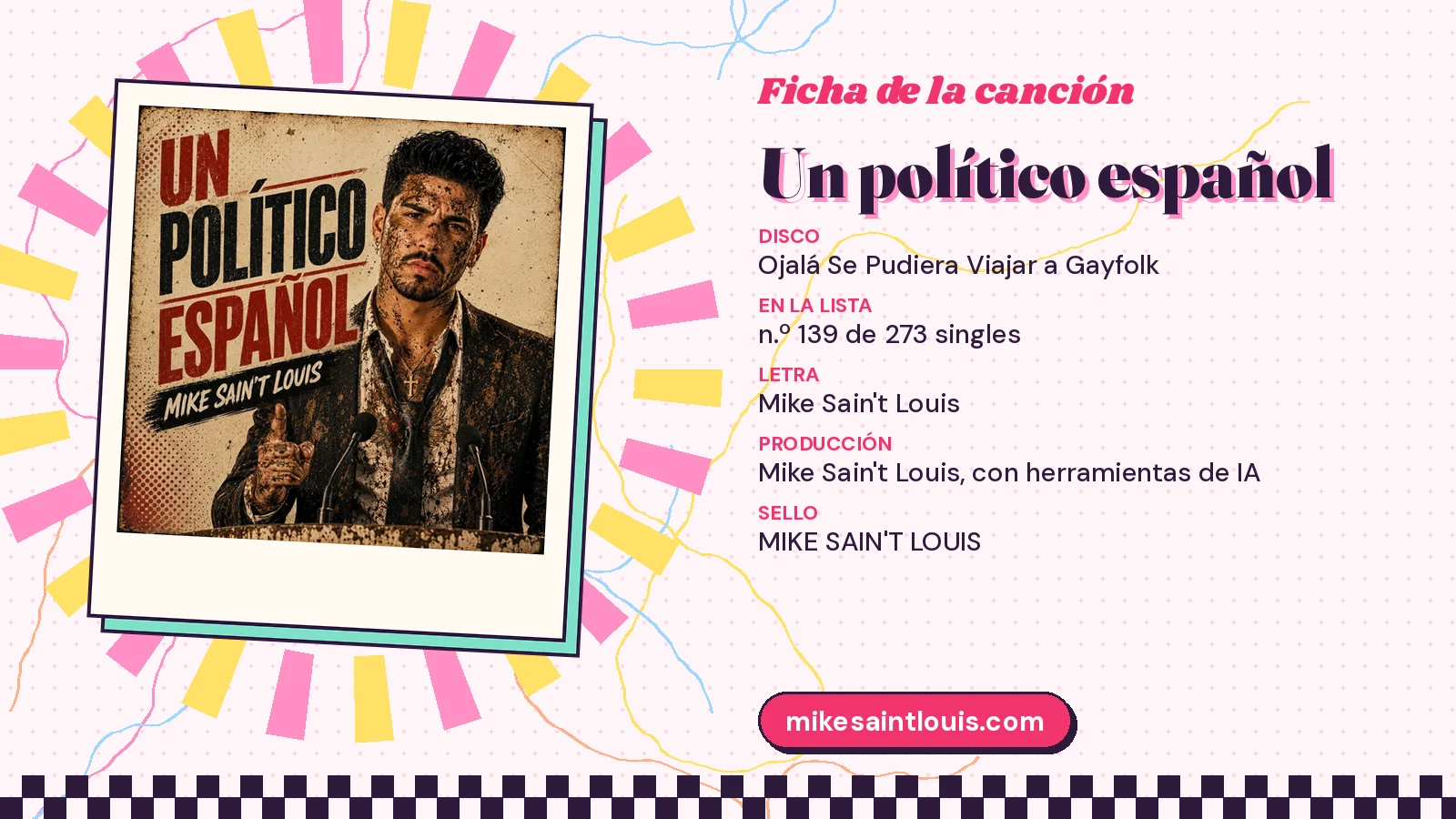 Ficha de la canción «Un político español» con su carátula: disco «Ojalá Se Pudiera Viajar a Gayfolk», letra y producción de Mike Sain't Louis