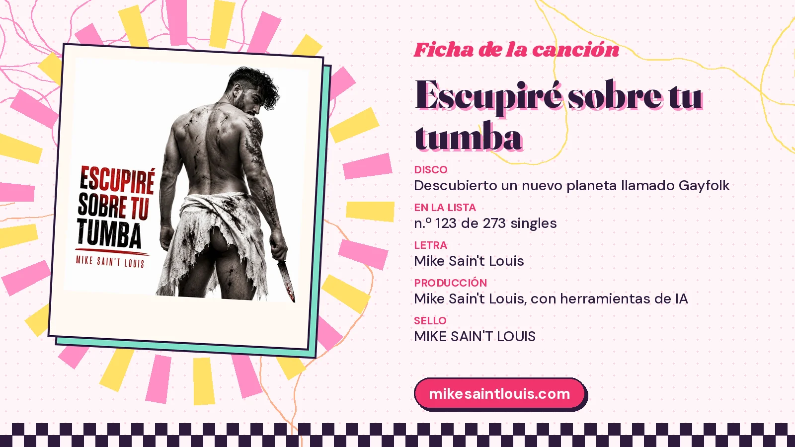 Ficha de la canción «Escupiré sobre tu tumba» con su carátula: disco «Descubierto un nuevo planeta llamado Gayfolk», letra y producción de Mike Sain't Louis