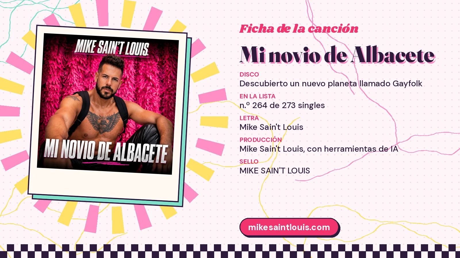 Ficha de la canción «Mi novio de Albacete» con su carátula: disco «Descubierto un nuevo planeta llamado Gayfolk», letra y producción de Mike Sain't Louis