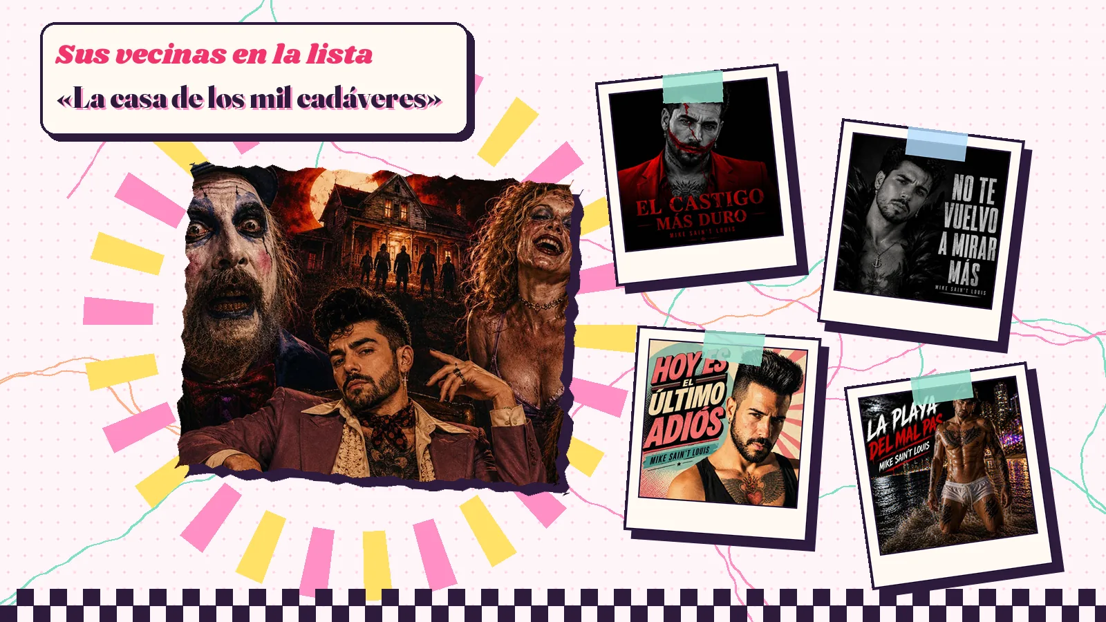 Collage con un detalle de la carátula de «La casa de los mil cadáveres» y las carátulas de «El castigo más duro», «No te vuelvo a mirar más», «Hoy es el último adiós», «La playa del Mal Pas»