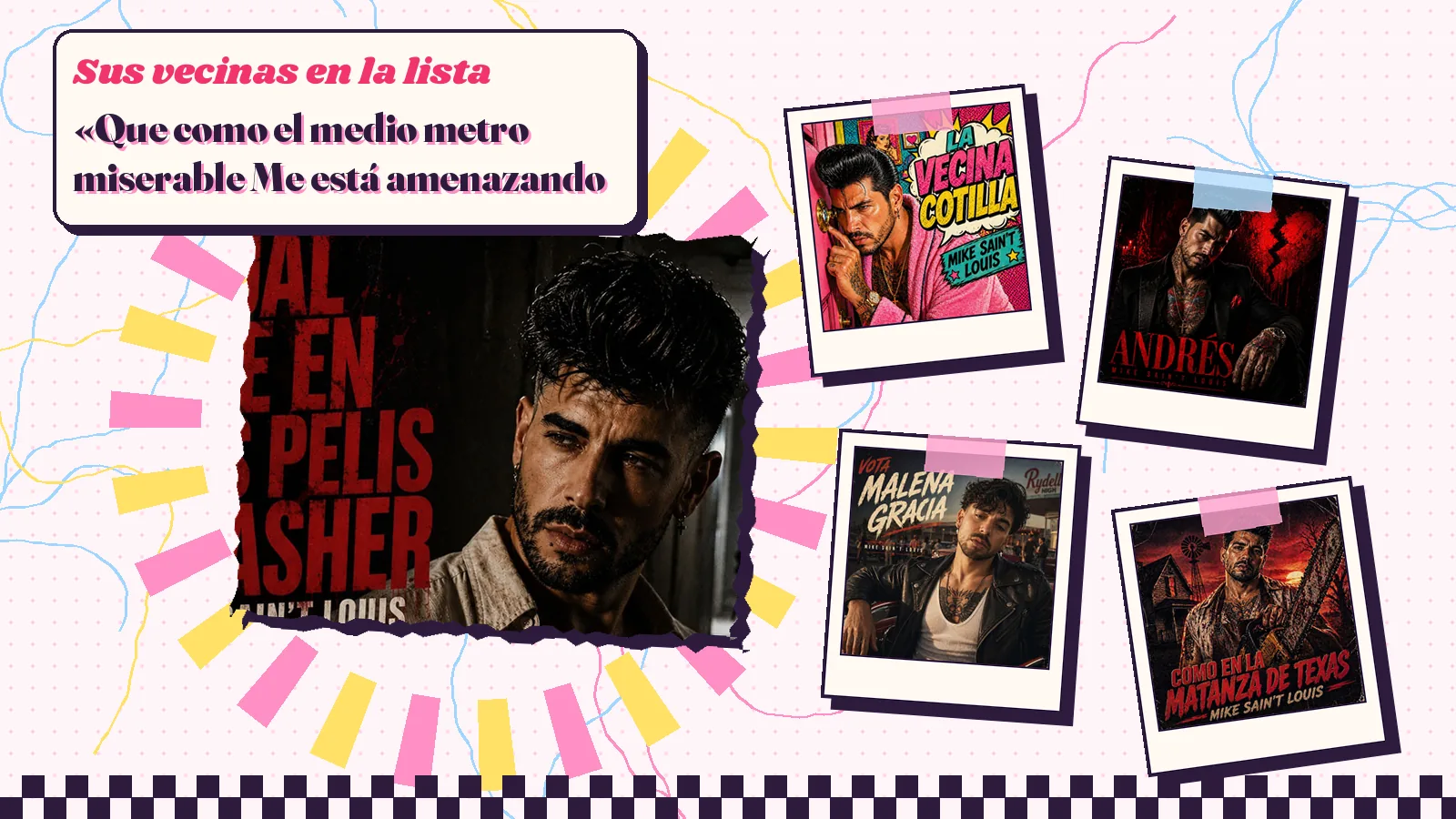 Collage with a detail of the «Igual que en las pelis slasher» cover art and the covers of «La vecina cotilla», «Andrés», «Vota Malena Gracia» and «Como en la matanza de Texas»