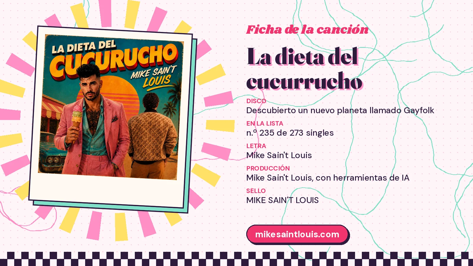 Ficha de la canción «La dieta del cucurrucho» con su carátula: disco «Descubierto un nuevo planeta llamado Gayfolk», letra y producción de Mike Sain't Louis