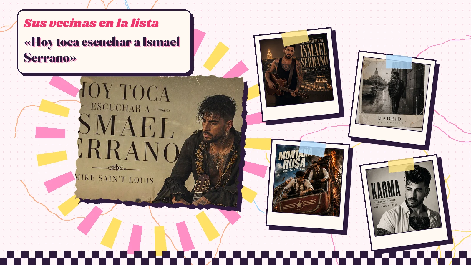 Collage con un detalle de la carátula de «Hoy toca escuchar a Ismael Serrano» y las carátulas de «El concierto de Ismael Serrano», «Madrid», «Montaña rusa», «Karma (Versión Alternativa)»