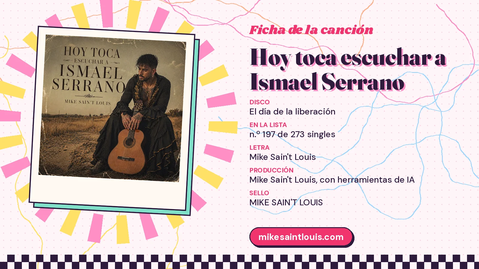 Ficha de la canción «Hoy toca escuchar a Ismael Serrano» con su carátula: disco «El día de la liberación», letra y producción de Mike Sain't Louis