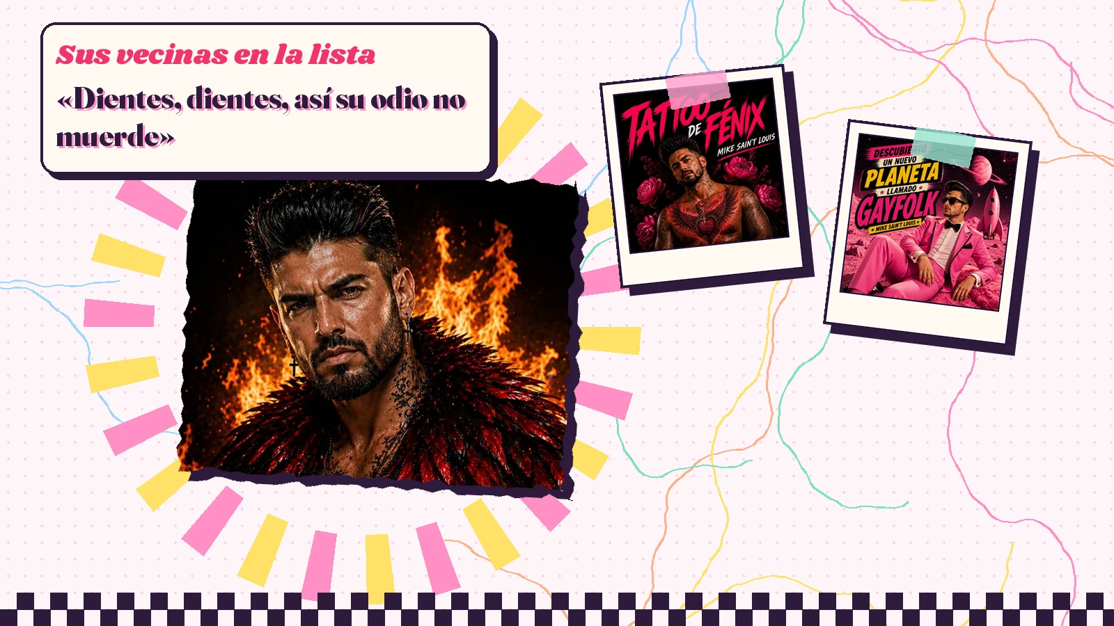 Collage con un detalle de la carátula de «Dientes, dientes» y las carátulas de «Tattoo de fénix», «Descubierto un nuevo planeta llamado GAYFOLK»