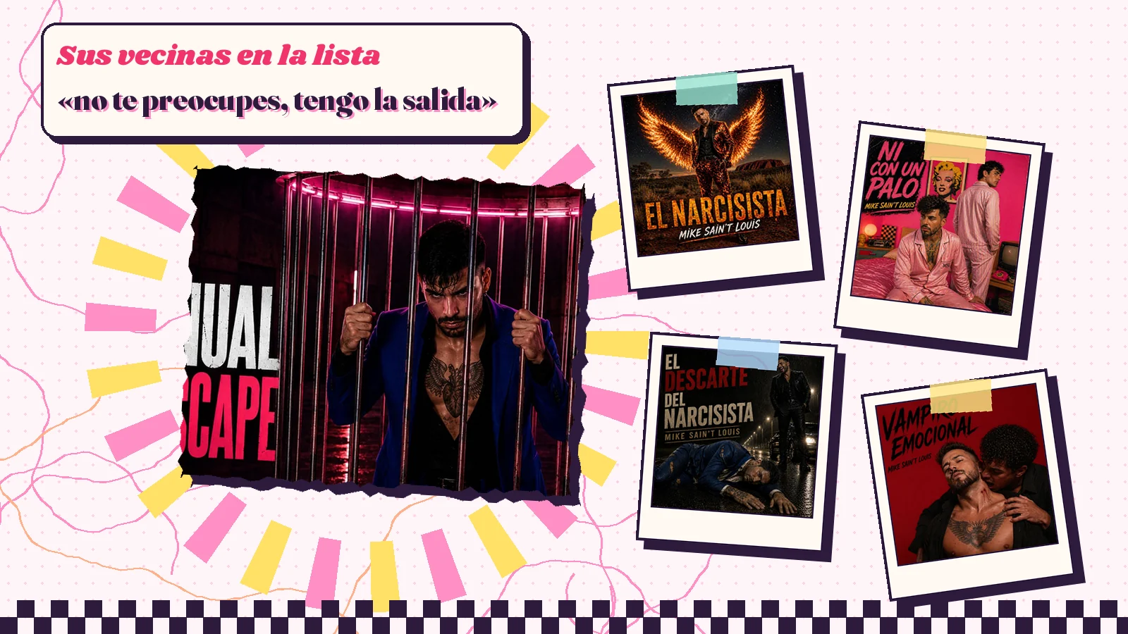 Collage con un detalle de la carátula de «Manual de escape de un narci» y las carátulas de «El narcisista», «Ni con un palo», «El descarte del narcisista», «Vampiro emocional»