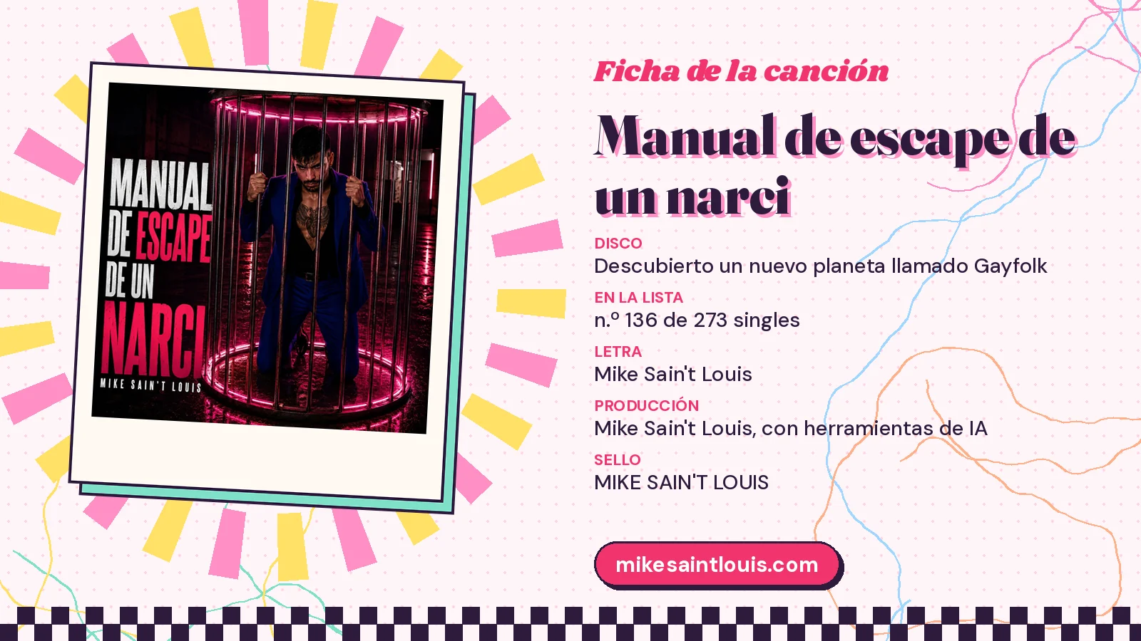 Ficha de la canción «Manual de escape de un narci» con su carátula: disco «Descubierto un nuevo planeta llamado Gayfolk», letra y producción de Mike Sain't Louis