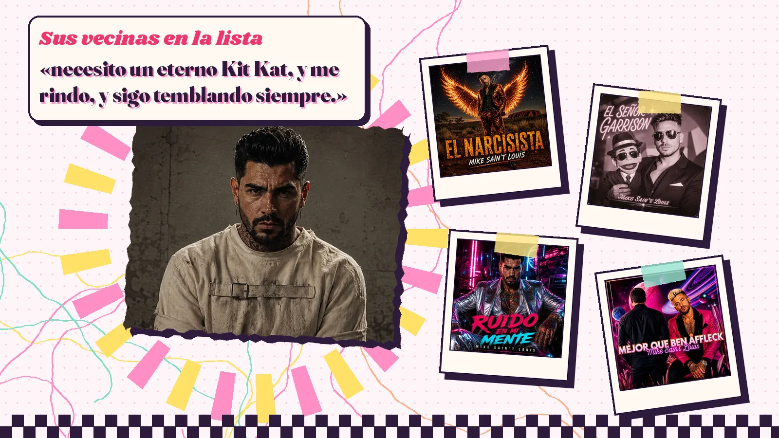 Collage with a detail of the «Me rindo» cover art and the covers of «El narcisista», «El señor Garrison», «Ruido en mi mente» and «Mejor que Ben Affleck»
