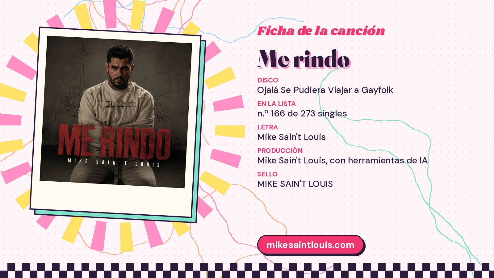 Song card for «Me rindo» with its cover art: from the album «Ojalá Se Pudiera Viajar a Gayfolk», lyrics and production by Mike Sain't Louis