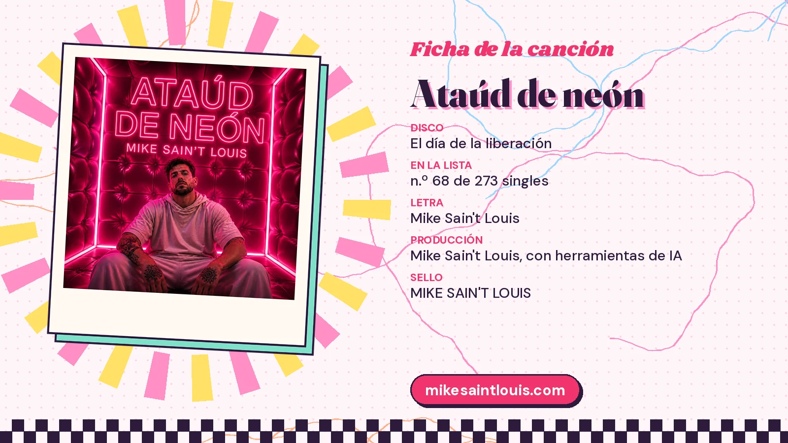 Ficha de la canción «Ataúd de neón» con su carátula: disco «El día de la liberación», letra y producción de Mike Sain't Louis