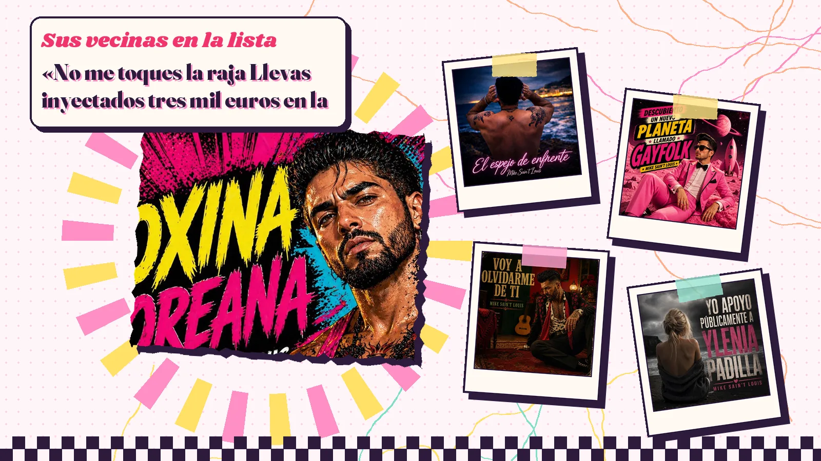 Collage with a detail of the «toxina coreana» cover art and the covers of «El Espejo de Enfrente», «Descubierto un nuevo planeta llamado Gayfolk», «Voy a Olvidarme De Ti» and «Yo Apoyo Públicamente a Ylenia Padilla»