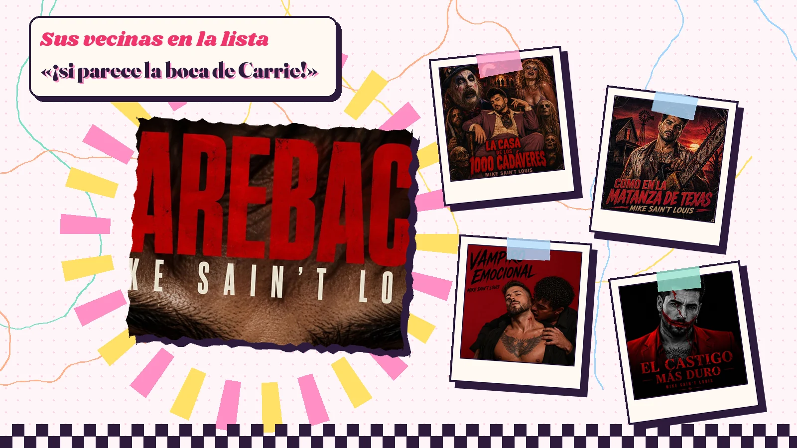 Collage con un detalle de la carátula de «Bareback» y las carátulas de «La Casa de los Mil CadáVeres», «Como en La matanza de Texas», «Vampiro Emocional», «El castigo más duro»