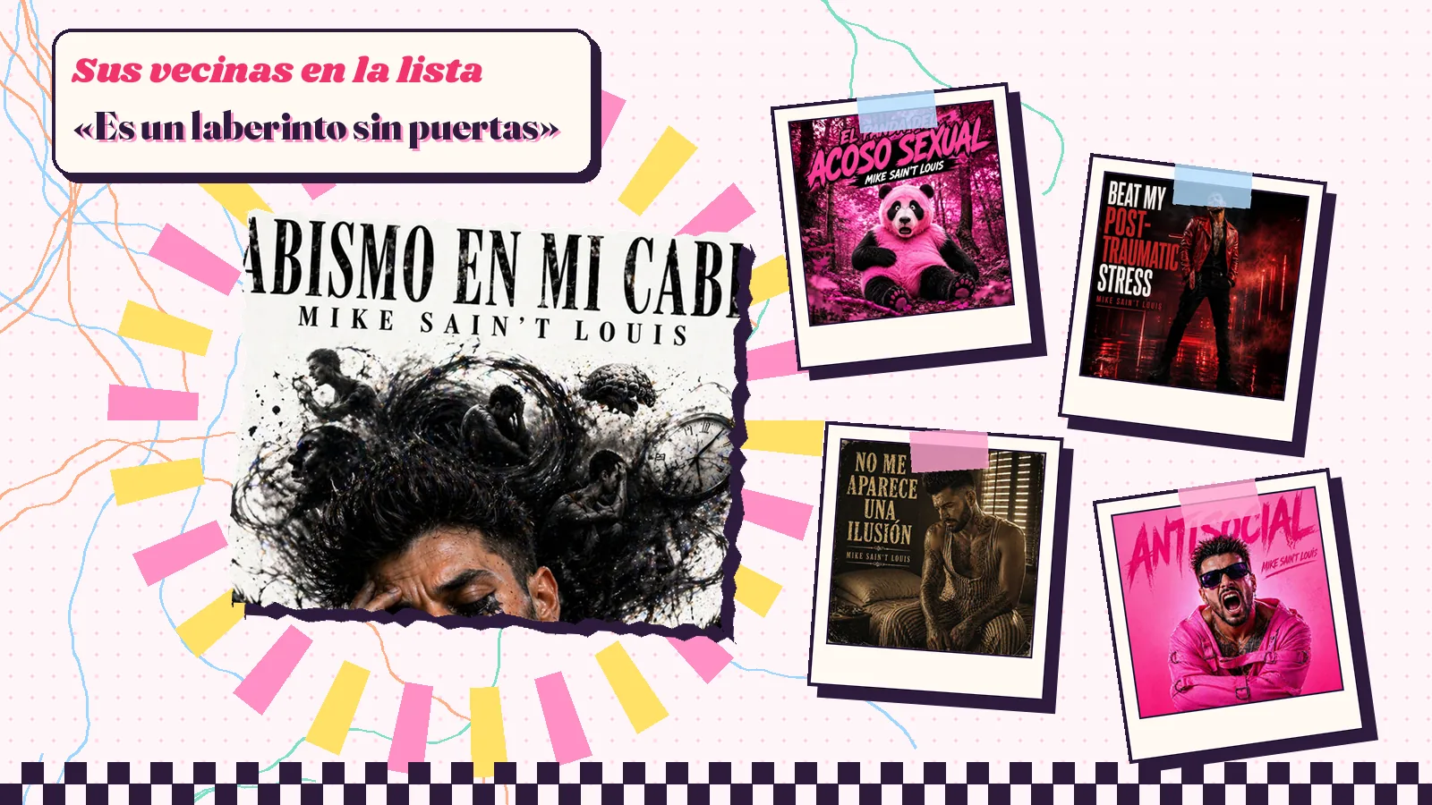 Collage con un detalle de la carátula de «El abismo en mi cabeza» y las carátulas de «El panda del acoso sexual», «Beat My Post-Traumatic Stress», «No me aparece una ilusión», «Antisocial»