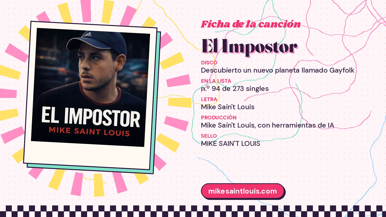 Ficha de la canción «El Impostor» con su carátula: disco «Descubierto un nuevo planeta llamado Gayfolk», letra y producción de Mike Sain't Louis