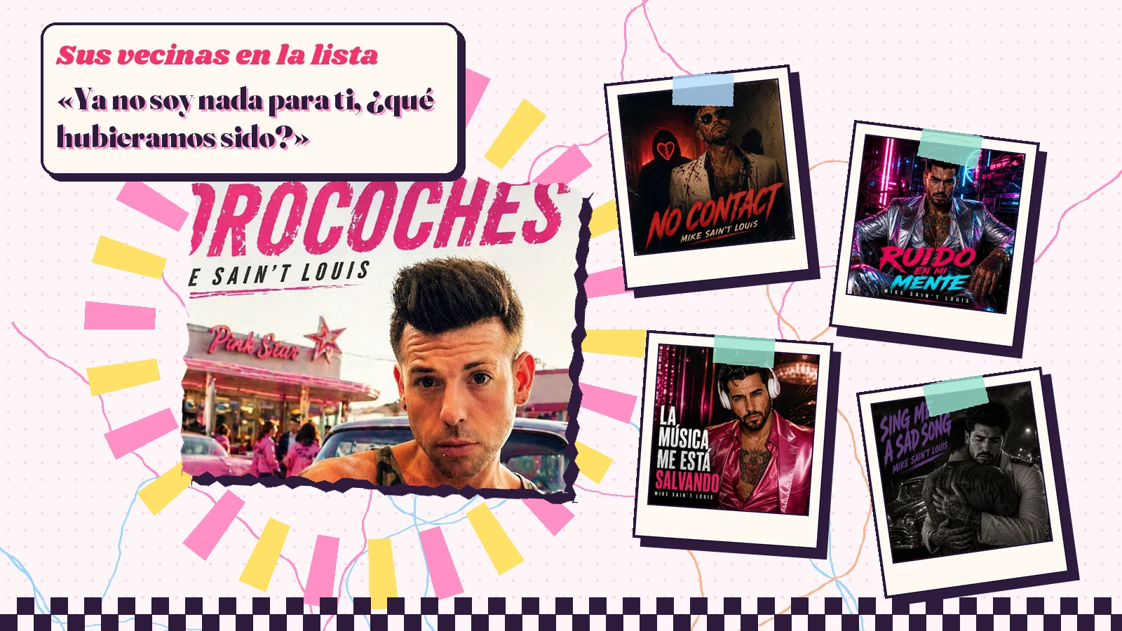 Collage con un detalle de la carátula de «Forocoches» y las carátulas de «No contact», «Ruido en mi mente», «La música me está salvando», «Sing me a sad song»