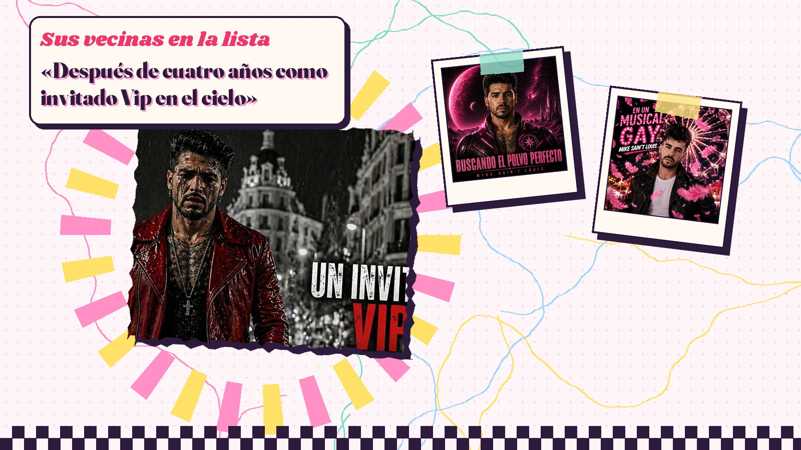 Collage con un detalle de la carátula de «Un invitado VIP cortando cebolla» y las carátulas de «Buscando el Polvo Perfecto», «En un musical gay»