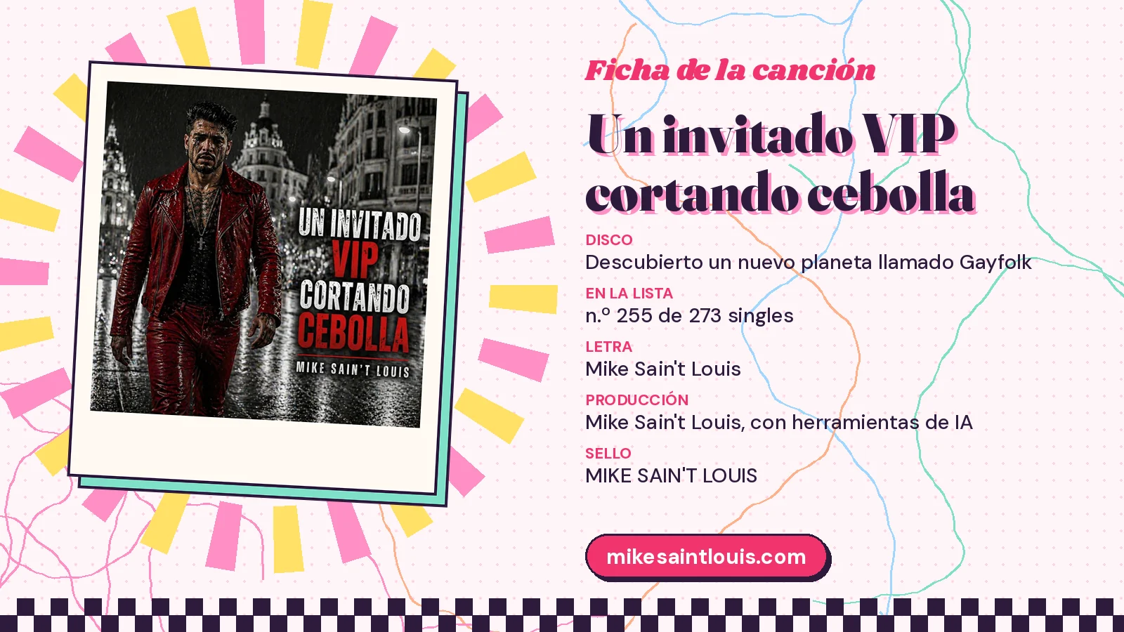 Ficha de la canción «Un invitado VIP cortando cebolla» con su carátula: disco «Descubierto un nuevo planeta llamado Gayfolk», letra y producción de Mike Sain't Louis