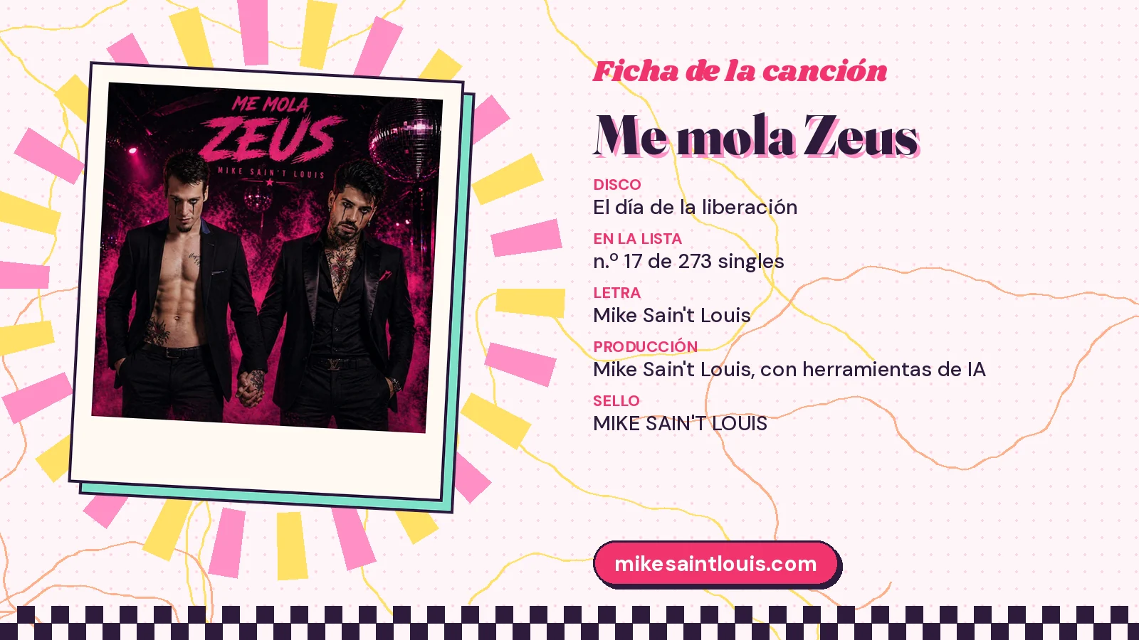 Ficha de la canción «Me mola Zeus» con su carátula: disco «El día de la liberación», letra y producción de Mike Sain't Louis