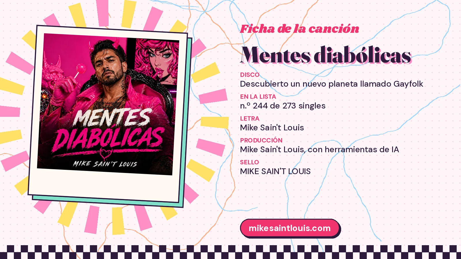 Ficha de la canción «Mentes diabólicas» con su carátula: disco «Descubierto un nuevo planeta llamado Gayfolk», letra y producción de Mike Sain't Louis