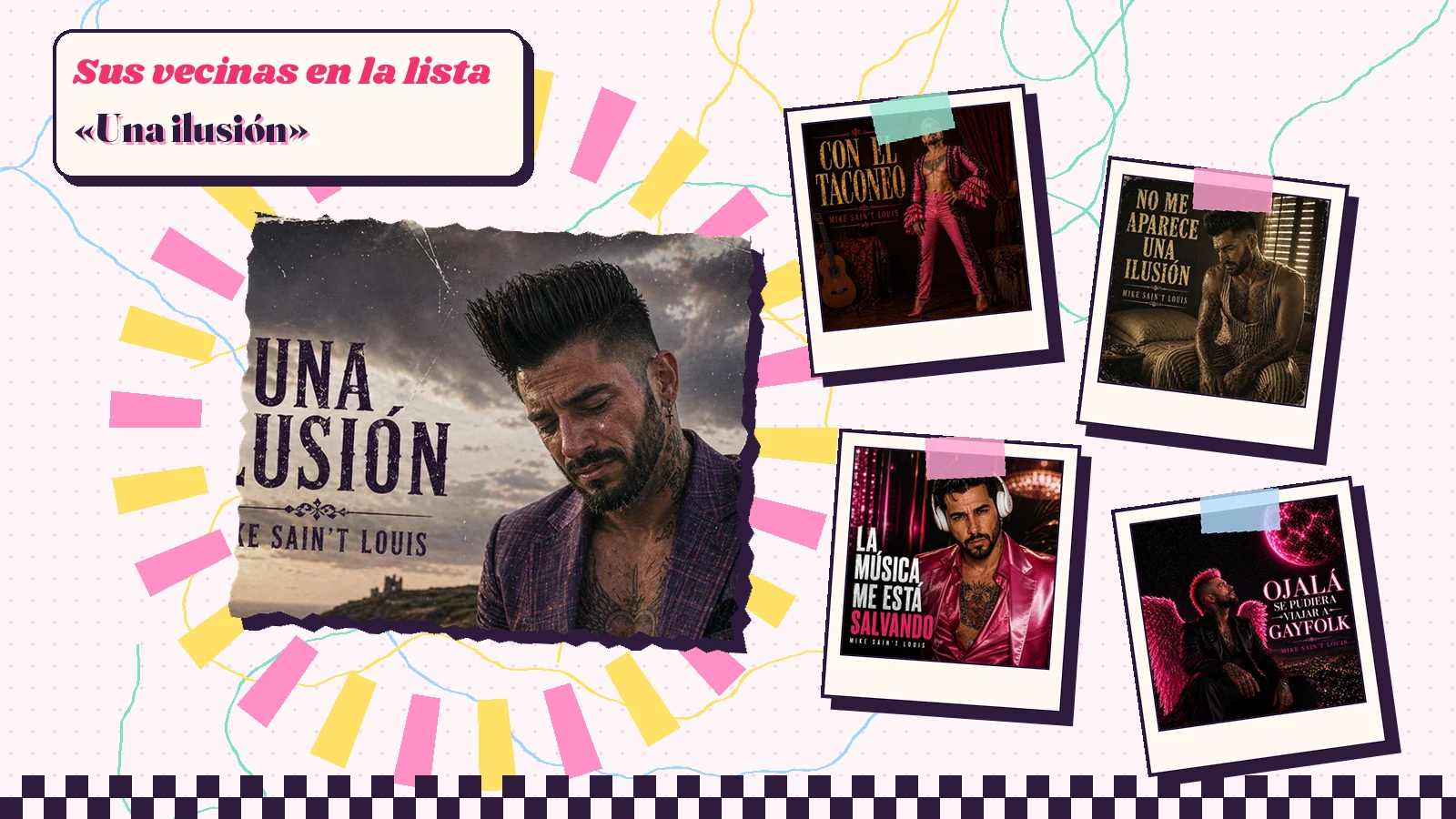 Collage with a detail of the «Una ilusión» cover art and the covers of «Con el taconeo», «No me aparece una ilusión», «La música me está salvando» and «Ojalá se pudiera viajar a Gayfolk»