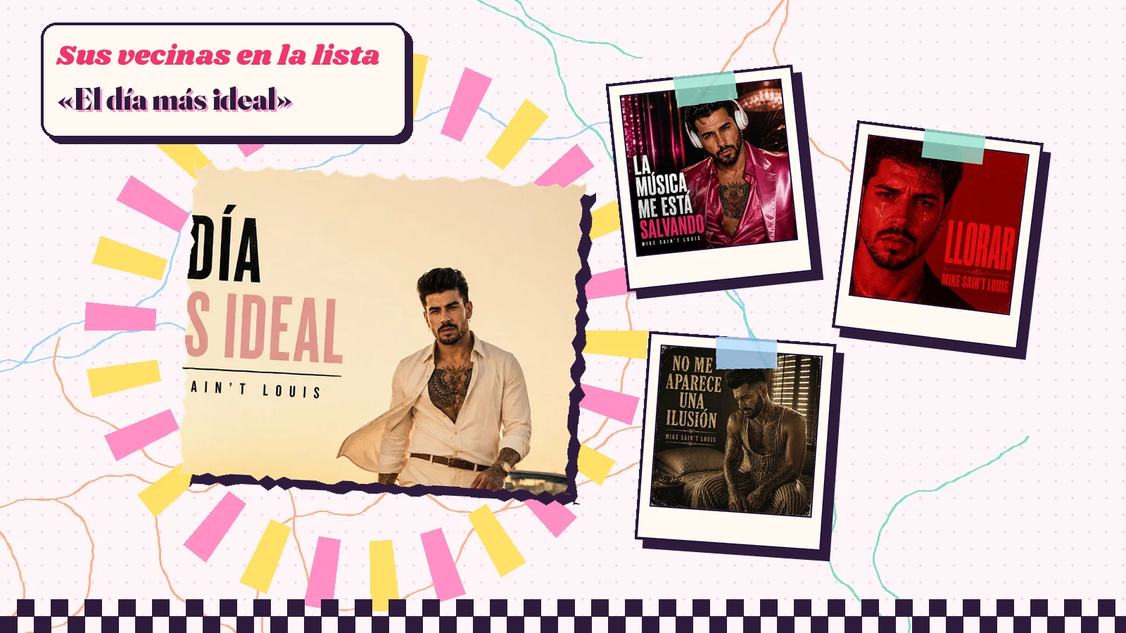 Collage with a detail of the «El día más ideal» cover art and the covers of «La música me está salvando», «Llorar» and «No me aparece una ilusión»