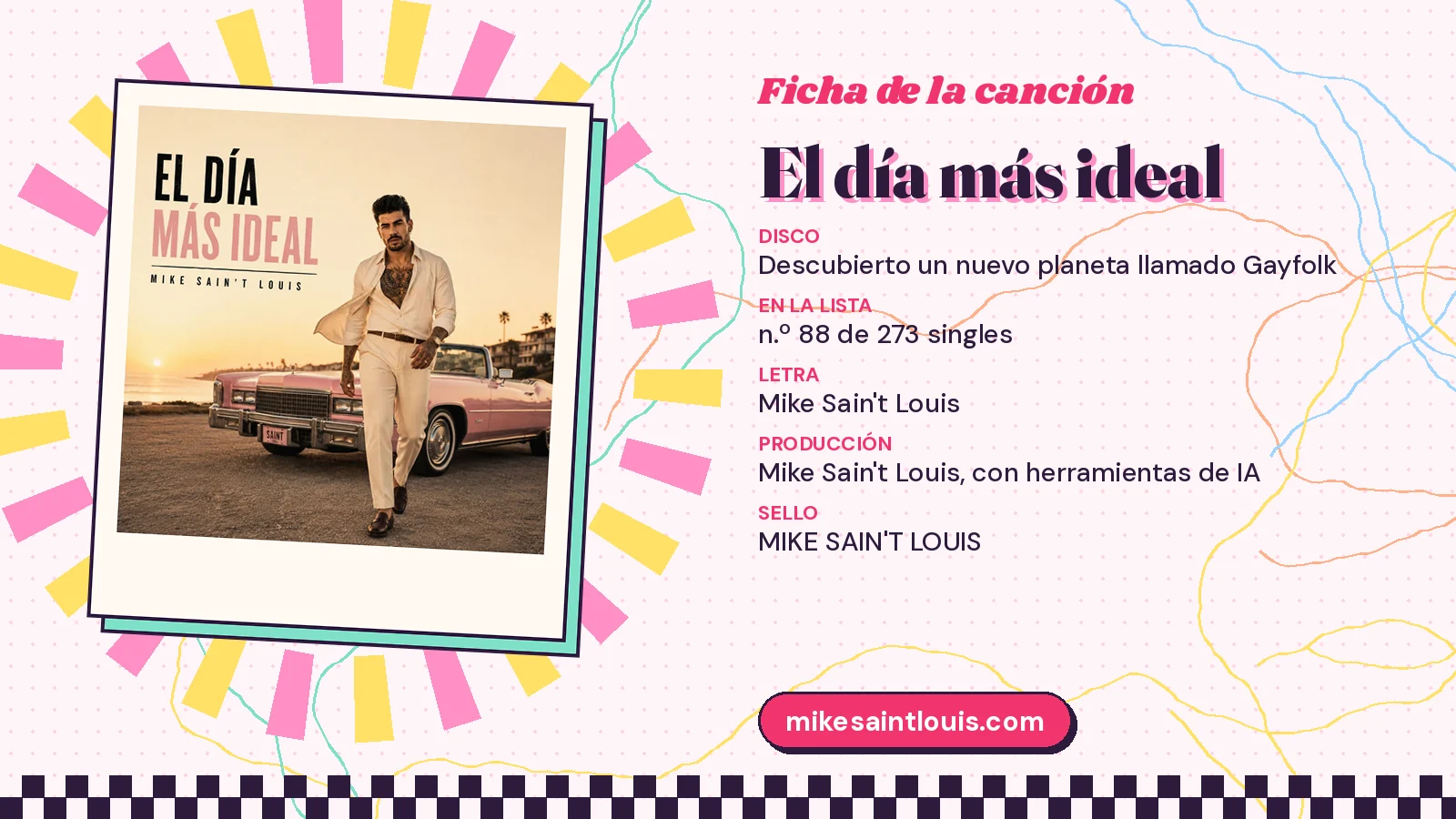 Song card for «El día más ideal» with its cover art: from the album «Descubierto un nuevo planeta llamado Gayfolk», lyrics and production by Mike Sain't Louis