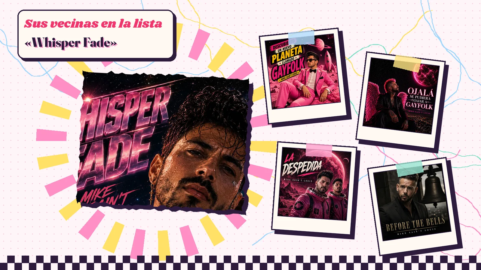 Collage con un detalle de la carátula de «Whisper Fade» y las carátulas de «Descubierto un nuevo planeta llamado Gayfolk», «Ojalá se pudiera viajar a Gayfolk», «La despedida», «Before the Bells»