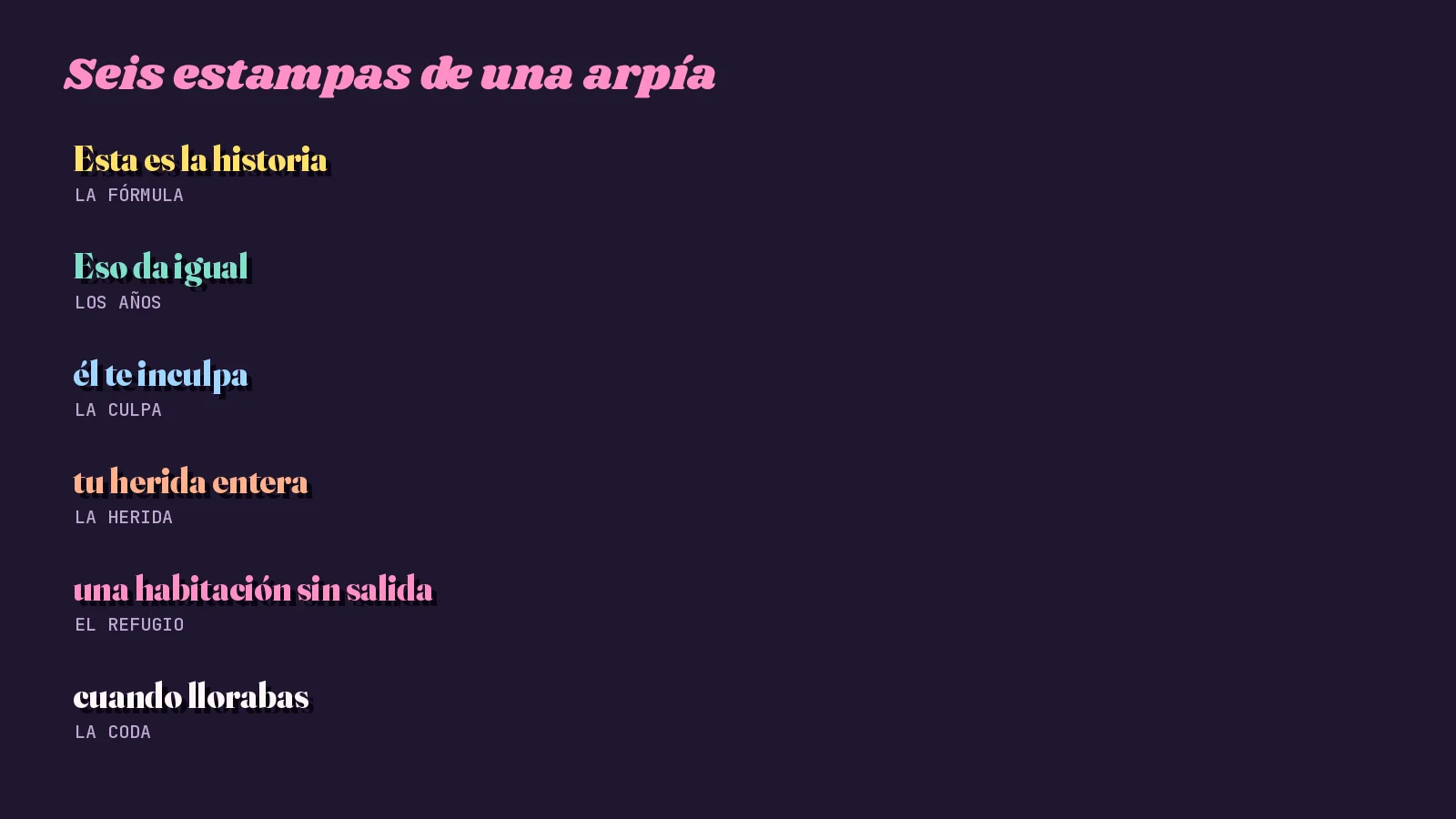 Tarjeta oscura con seis fragmentos breves de «La empatía de la arpía» y su papel en la letra: la fórmula, los años, la culpa, la herida, el refugio y la coda