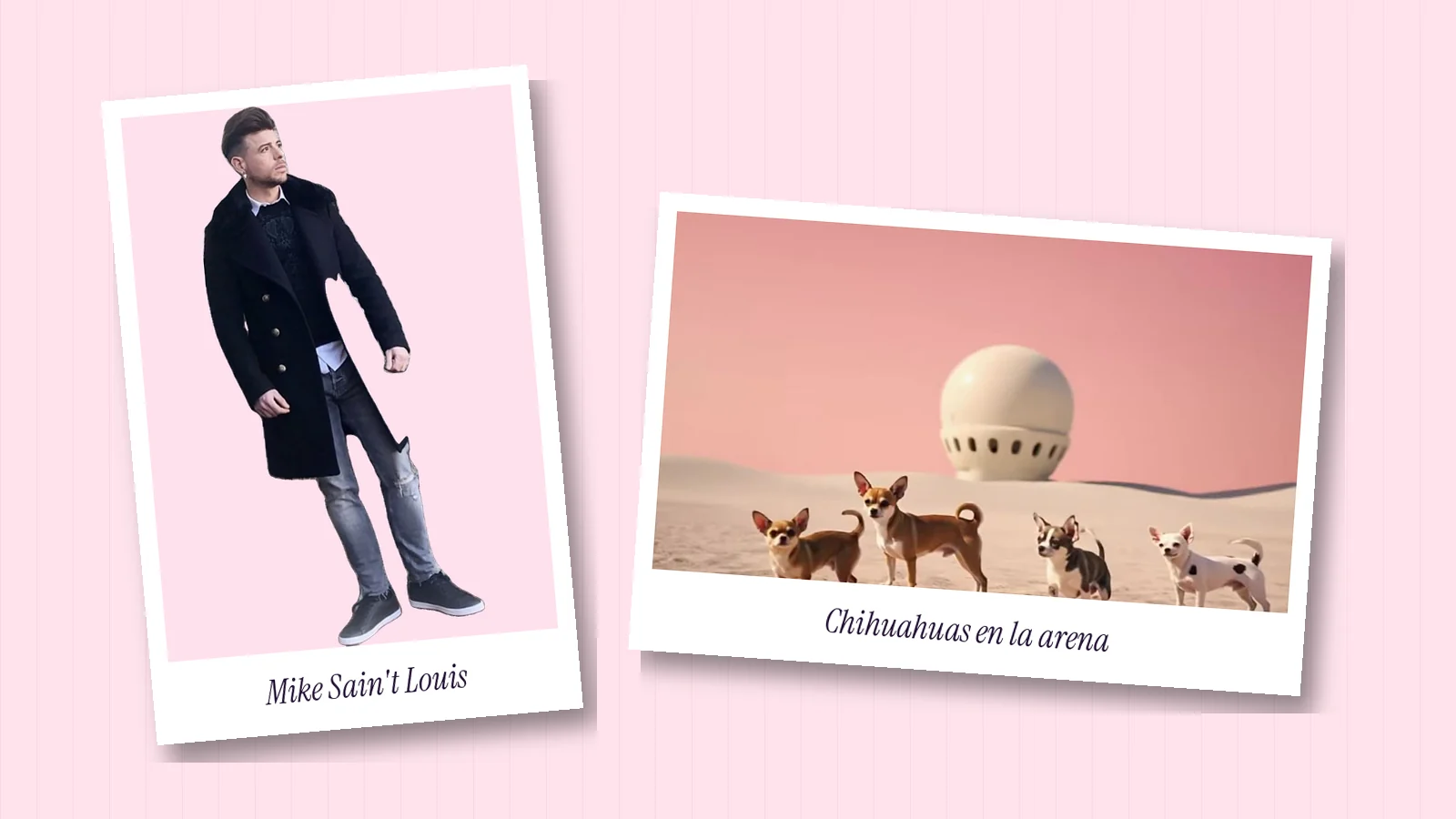 Dos polaroids sobre fondo rosa: una foto real de Mike Sain't Louis con abrigo y un fotograma del videoclip con chihuahuas en una duna junto a una esfera blanca