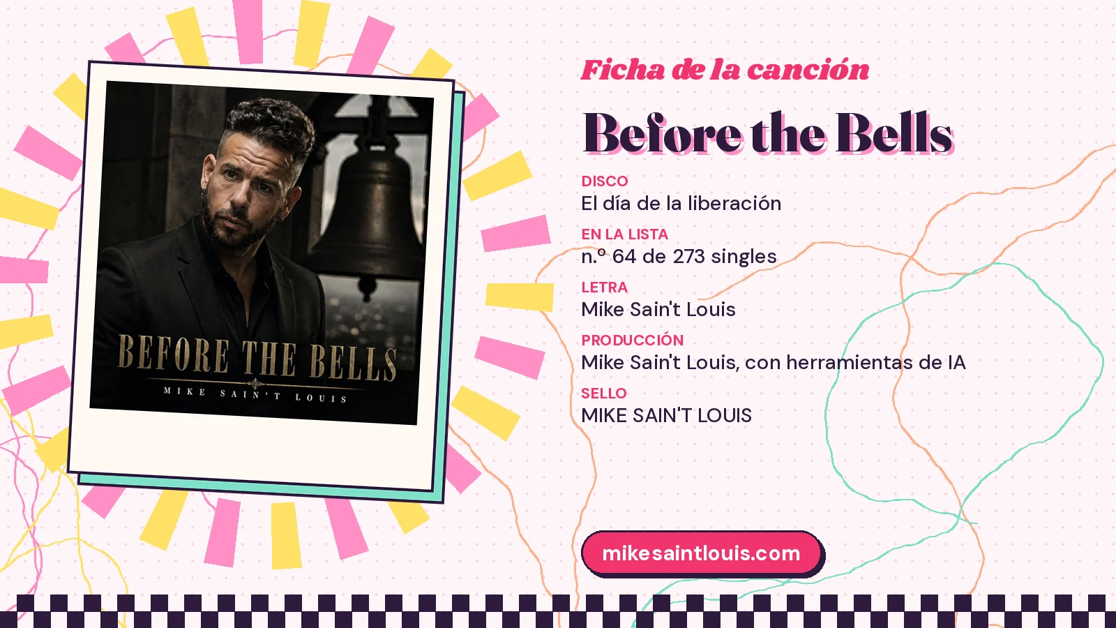 Ficha de la canción «Before the Bells» con su carátula: disco «El día de la liberación», letra y producción de Mike Sain't Louis