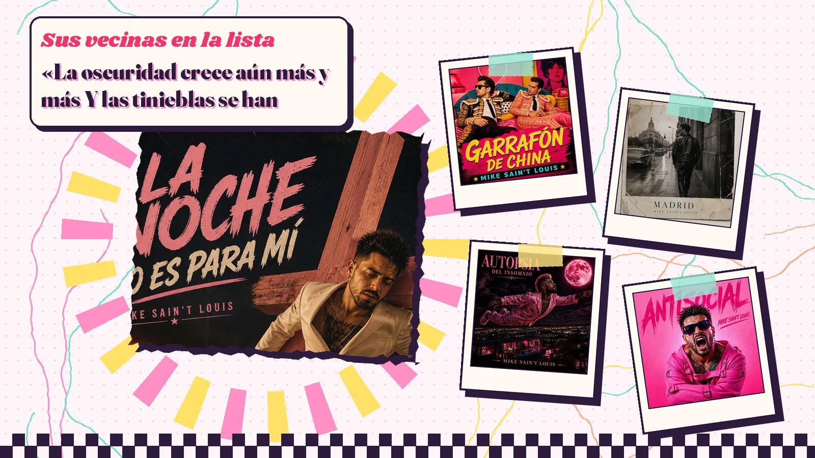 Collage with a detail of the «La noche no es para mí» cover art and the covers of «Garrafón de China», «Madrid», «Autopsia del insomnio» and «Antisocial»