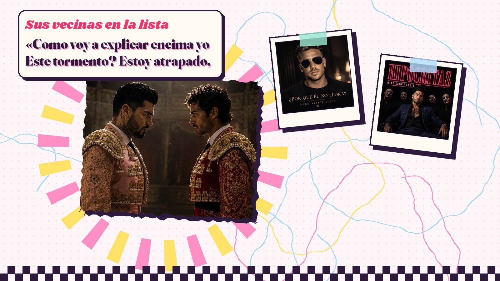 Collage con un detalle de la carátula de «Una obra de teatro» y las carátulas de «¿Por Qué Él No Llora?», «Hipócritas»