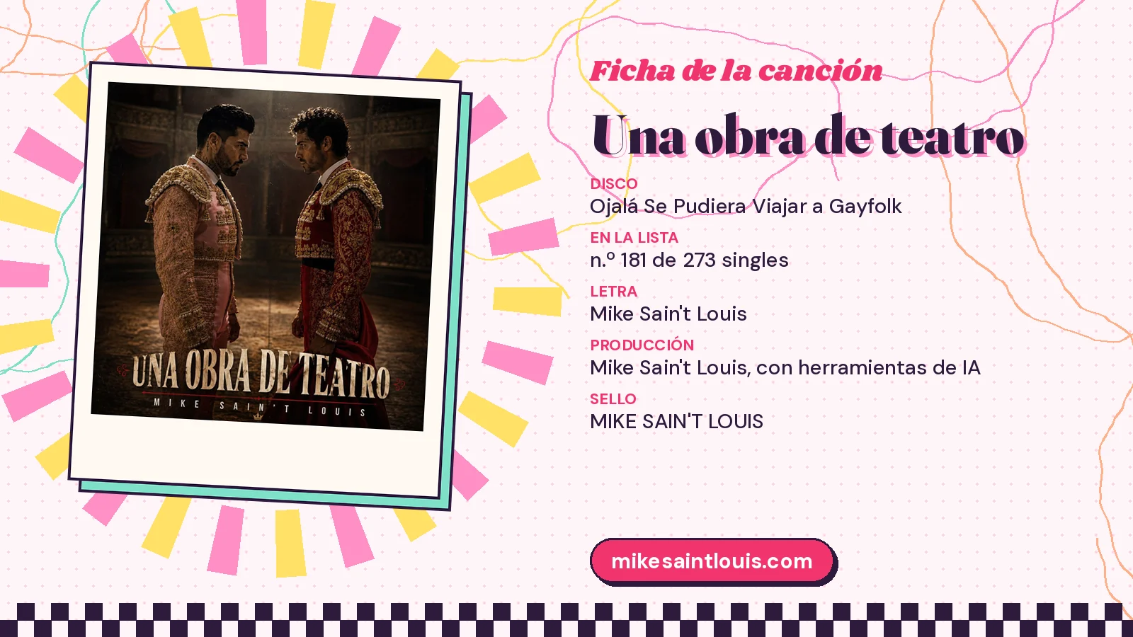 Ficha de la canción «Una obra de teatro» con su carátula: disco «Ojalá Se Pudiera Viajar a Gayfolk», letra y producción de Mike Sain't Louis