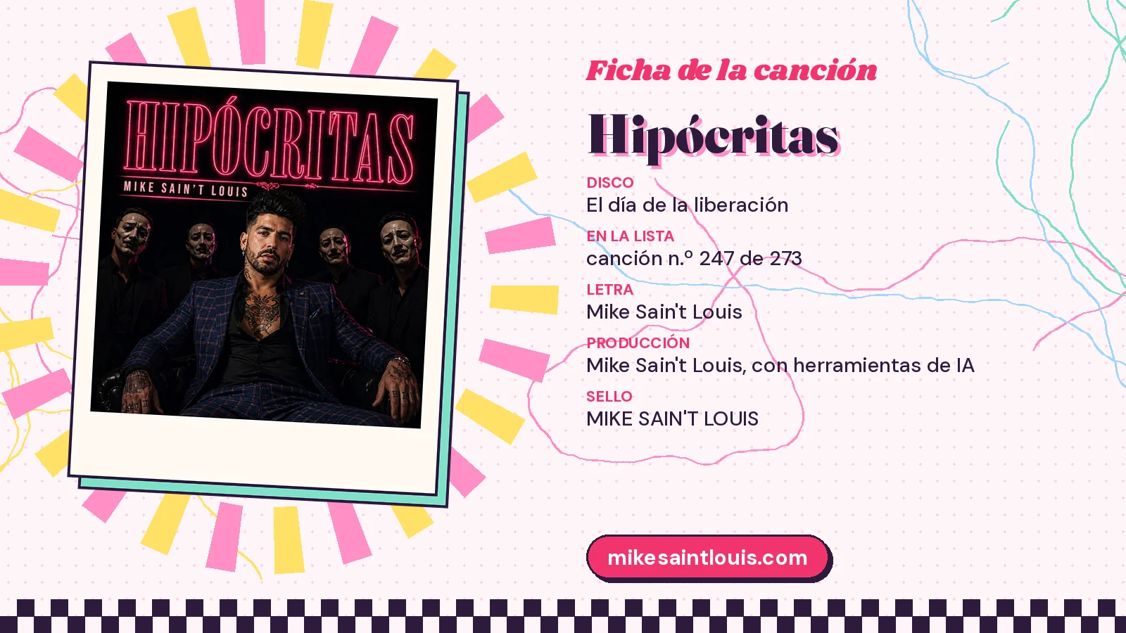 Ficha de la canción «Hipócritas» con su carátula: disco «El día de la liberación», letra y producción de Mike Sain't Louis