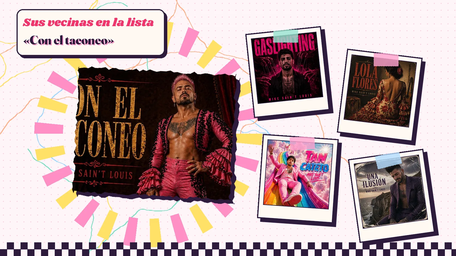 Collage con un detalle de la carátula de «Con el taconeo» y las carátulas de «Gaslighting», «Lola Flores», «Tan cateto», «Una ilusión»