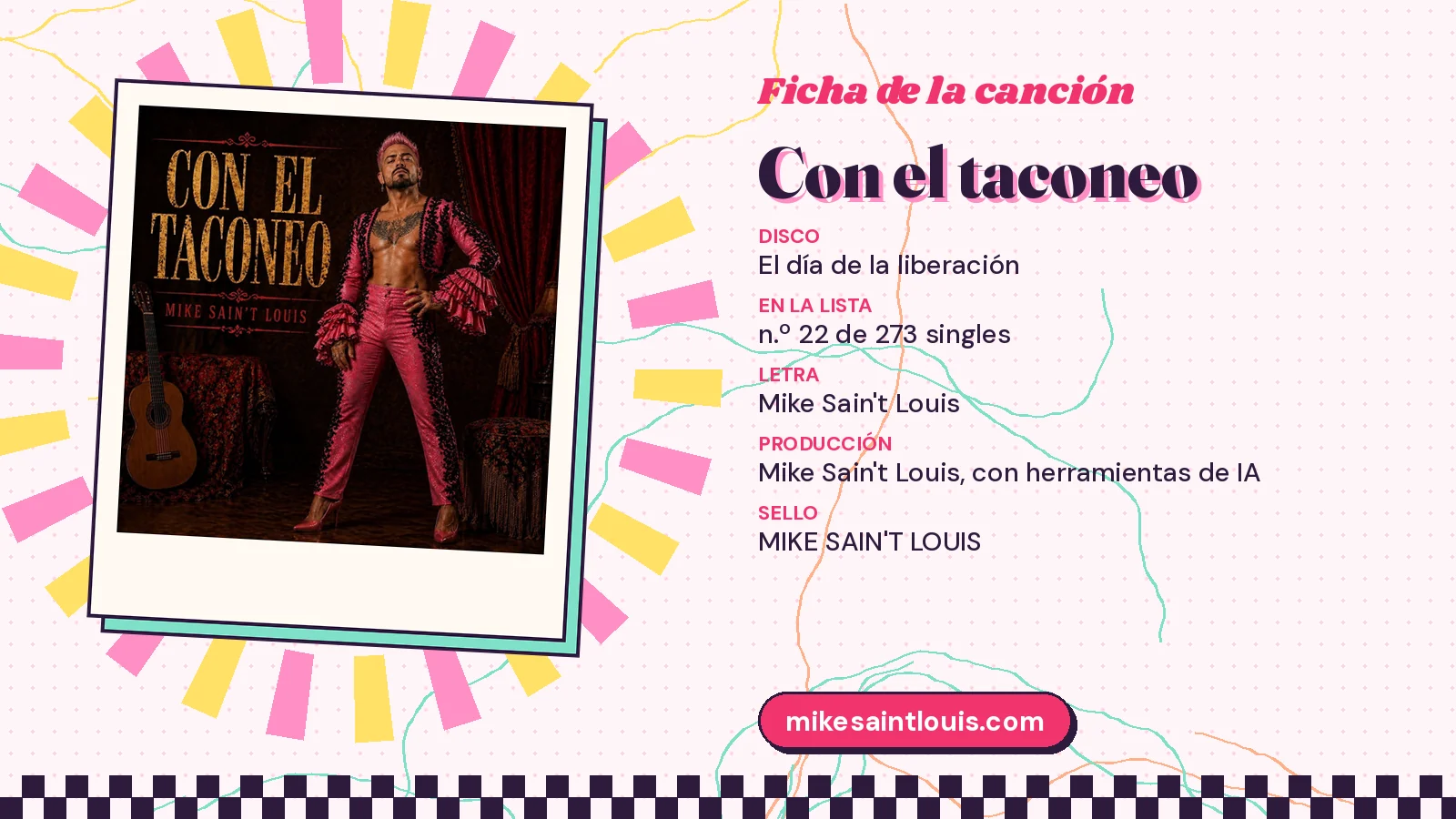 Ficha de la canción «Con el taconeo» con su carátula: disco «El día de la liberación», letra y producción de Mike Sain't Louis