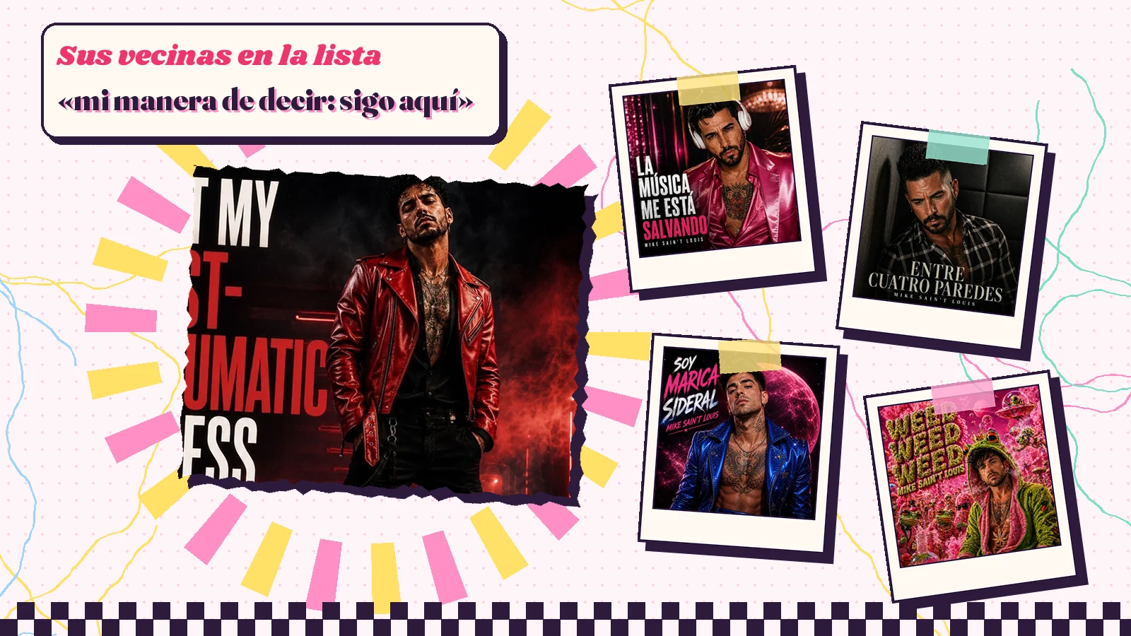 Collage with a detail of the «Beat My Post-Traumatic Stress» cover art and the covers of «La música me está salvando», «Entre cuatro paredes», «Soy marica sideral» and «Weed, weed, weed»