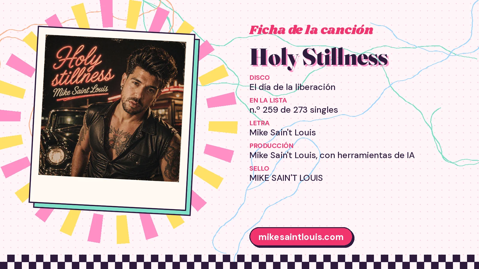 Ficha de la canción «Holy Stillness» con su carátula: disco «El día de la liberación», letra y producción de Mike Sain't Louis