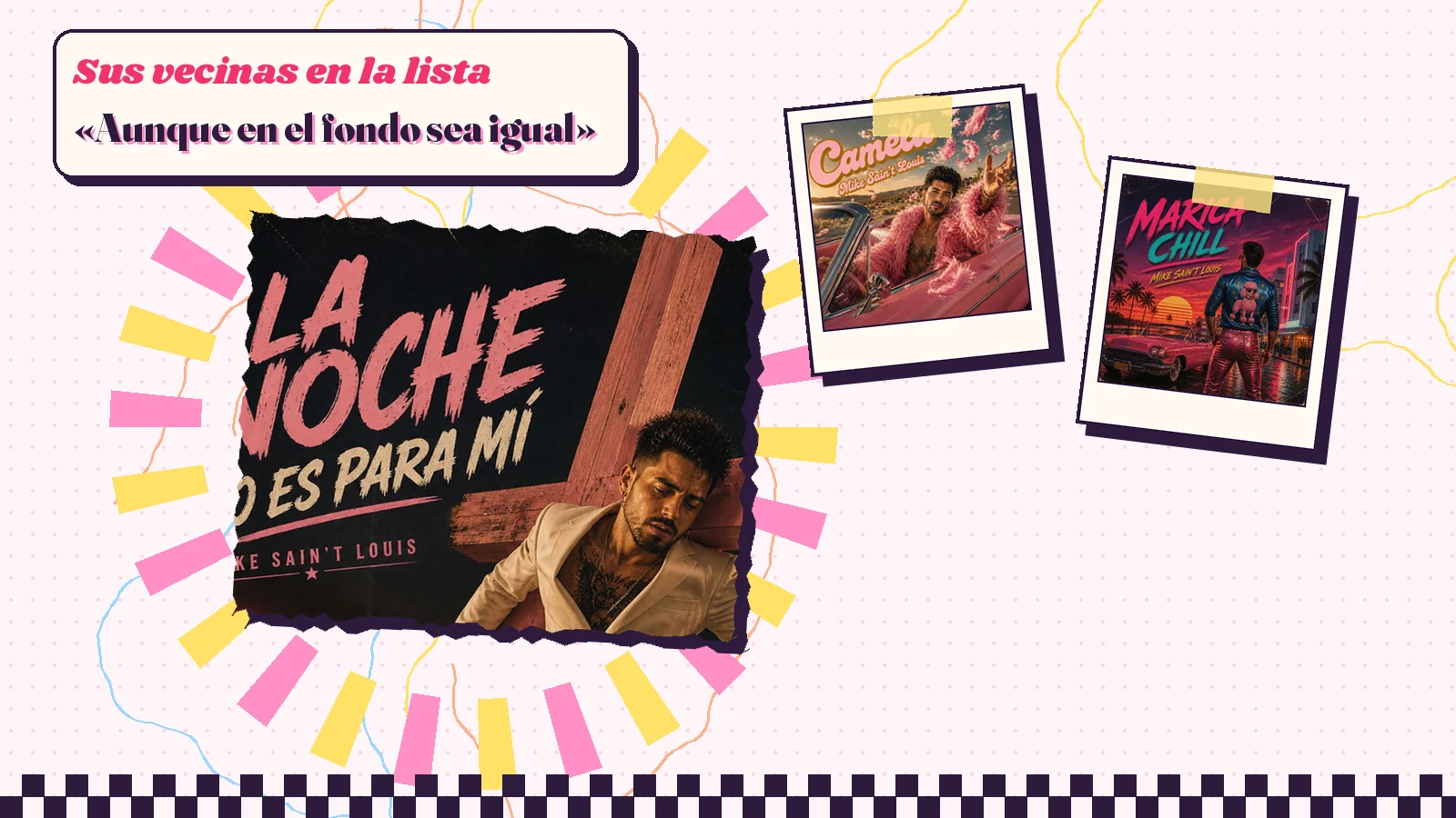 Collage con un detalle de la carátula de «La noche no es para mí» y las carátulas de «Camela», «Marica chill»